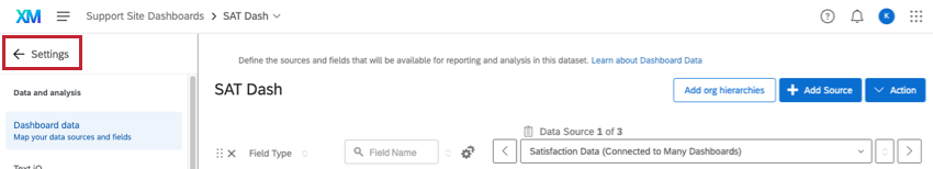 ダッシュボードの設定で、左上に "Settings"（設定）と書かれた矢印があり、それが左を指している。