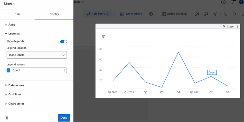Line graph. to left, display tab is open in the editing pane. legends is expanded to show the options described