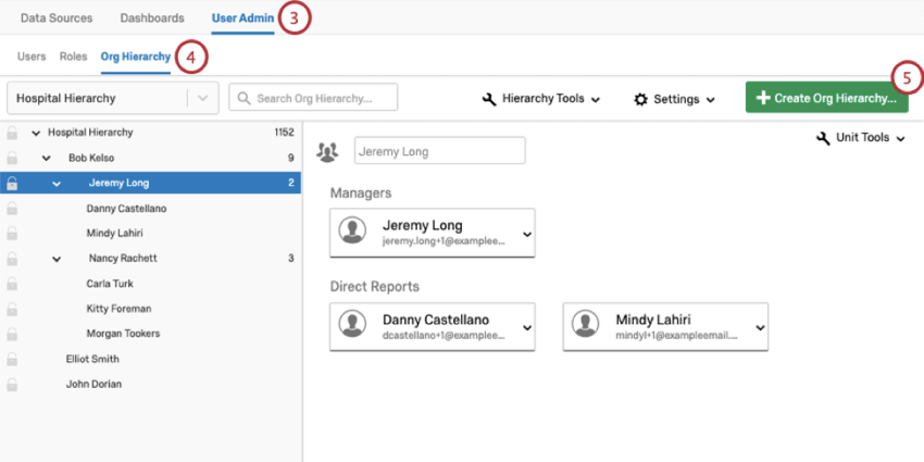 El botón Crear Jerarquía de organización en verde puede aparecer en la esquina superior derecha o en el centro, dependiendo de si ha creado jerarquías de organización en el pasado.