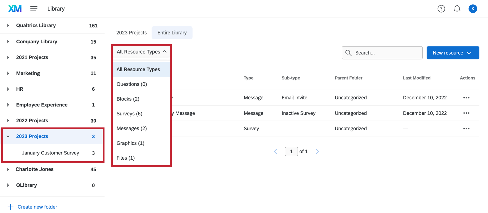 Seção All Folders (Todas as pastas) na parte superior e opções para mostrar tipos específicos de recursos