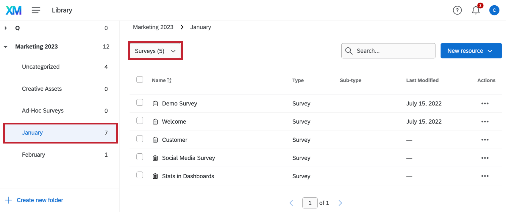 January folder on left-hand pane with only surveys displayed
