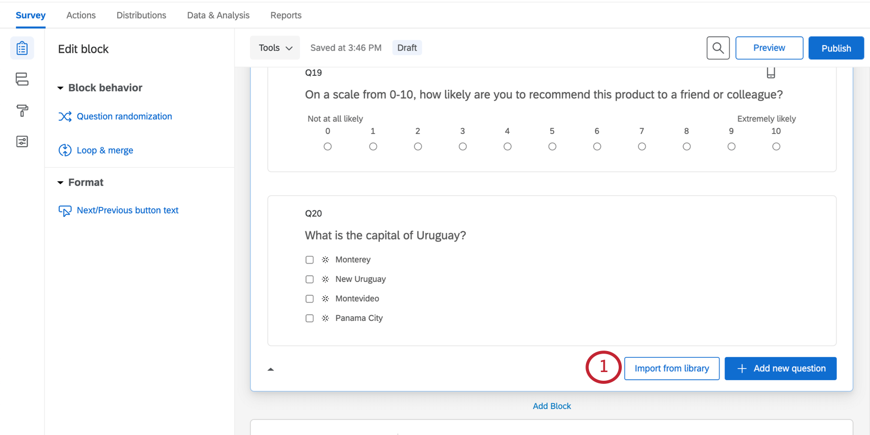Import from library button at bottom of each block in the survey builder