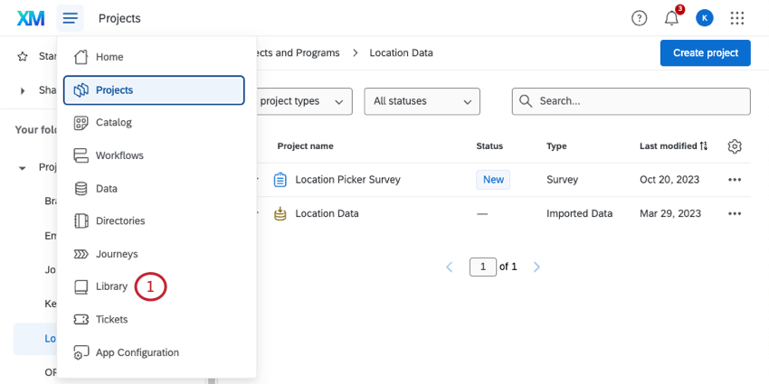 Klicken Sie oben auf jeder Qualtrics auf das Hamburger-Menü für die globale Navigation, und wählen Sie dann Bibliothek aus.