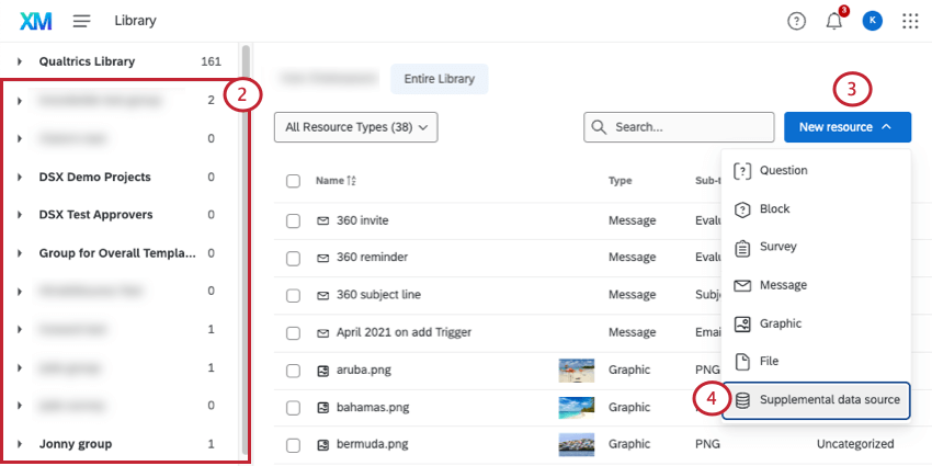 In library, specific libraries listed to left; button to create a new asset on the right