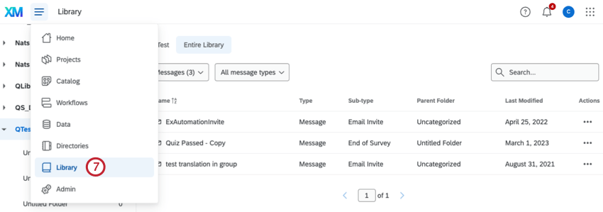 image de longlet de la bibliothèque de messages que vous trouverez en cliquant sur bibliothèque dans le coin supérieur droit de votre compte. La bibliothèque des messages est sélectionnée. Le texte du bouton suivant/précédent est surligné. Loption Traduire le message se trouve en cliquant sur la roue dentée grise à droite du message de la bibliothèque.
