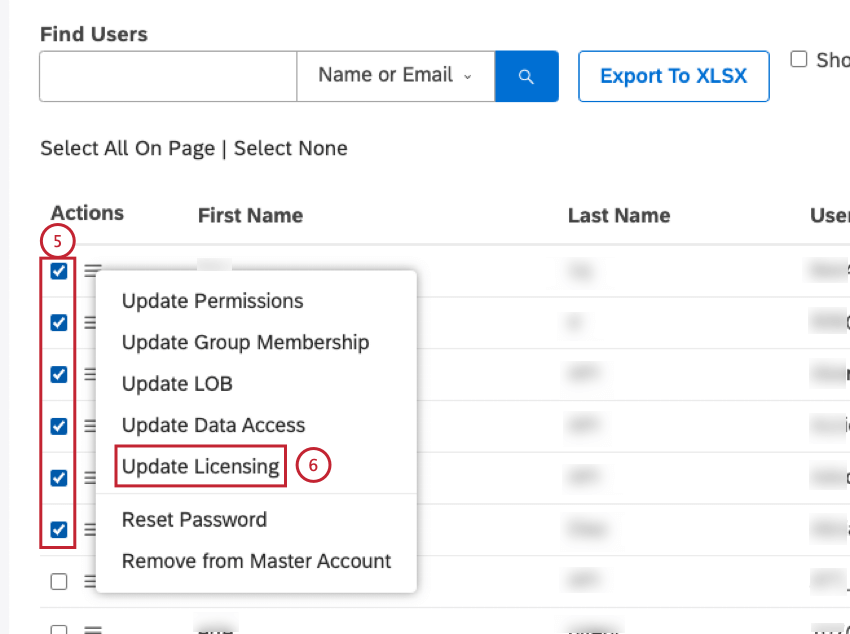 selecting users and updating their licensing