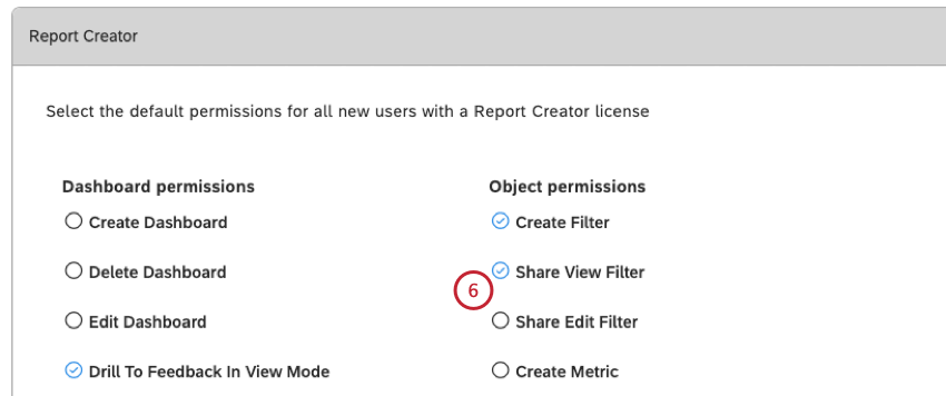 report creator section of user permissions
