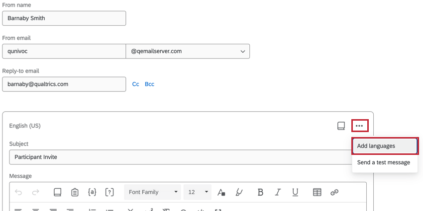 die Option zum Hinzufügen von Sprachen für eine Lebenszyklus-E-Mail