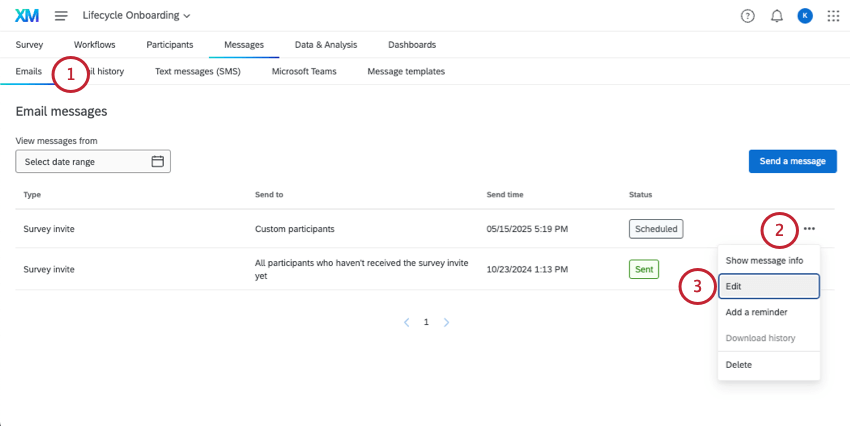 Email distribution page of lifecycle project