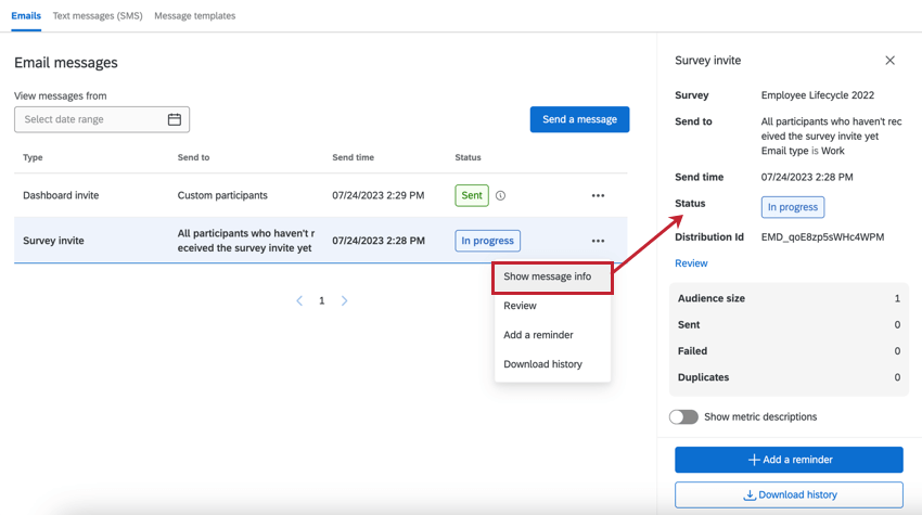 selecting show message info to open the side panel