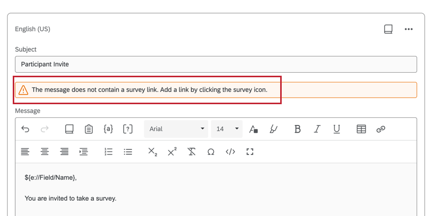 the warning that the message is missing a survey link