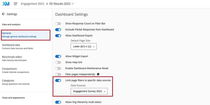 limiter les filtres de page par une source de données