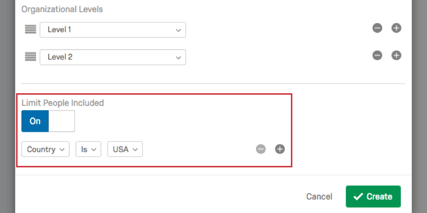 Limit People Included is enabled, creating fields where you can specify metadata fields and values that you limit people by