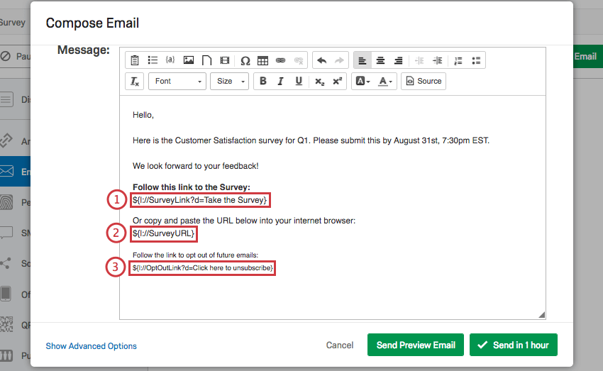 Zwei Umfrage-Links und der Opt-out-Link unten in der E-Mail-Nachricht