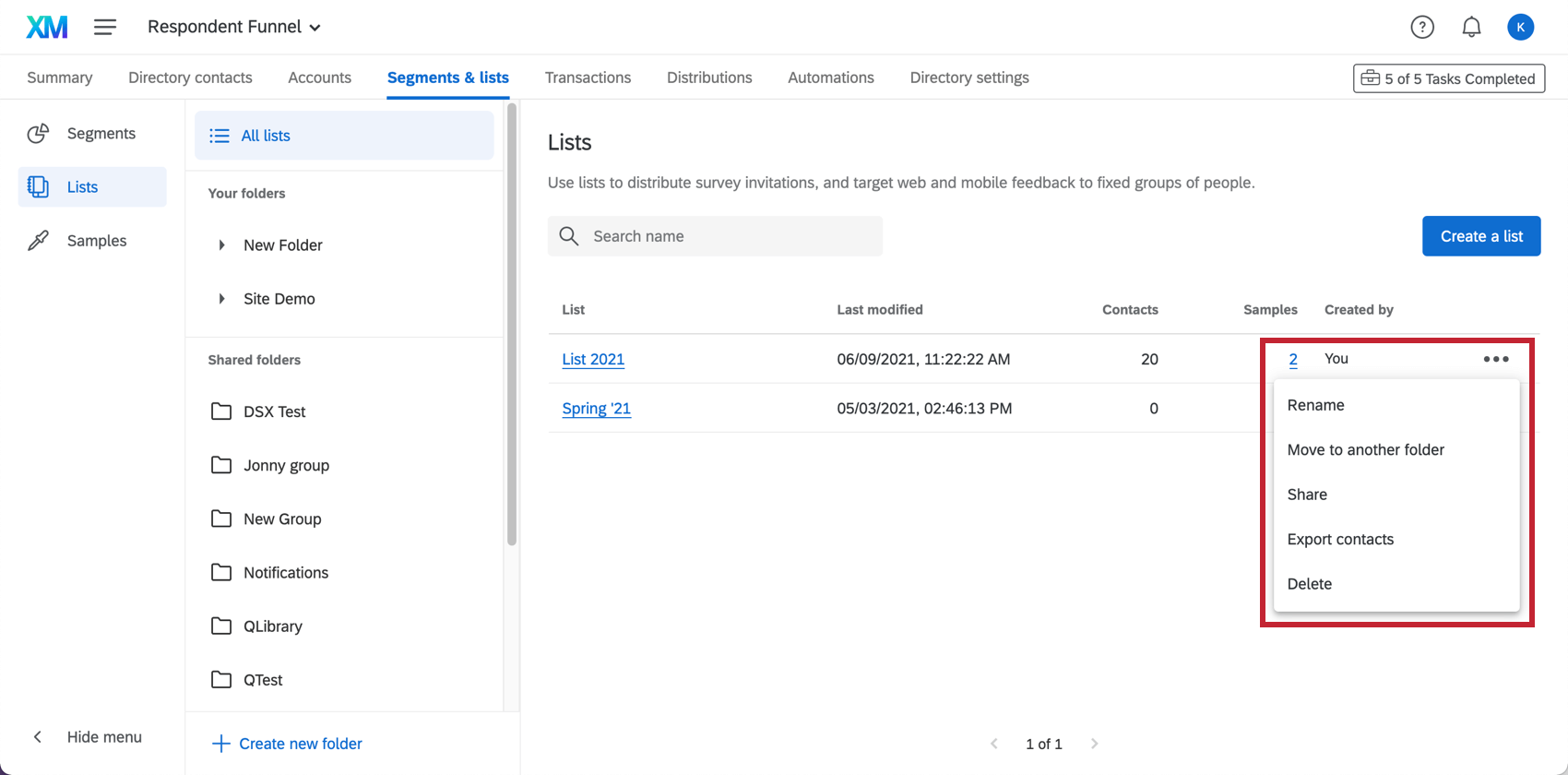 Clicking the dropdown next to a mailing list. Options are listed below in bullet points, with what they each do