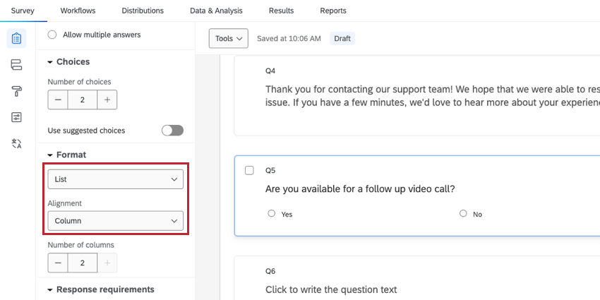 creating a multiple choice question and choosing the column list format