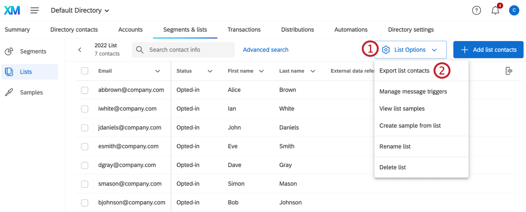 Options de liste développées et Exportation de contacts de liste sélectionnée