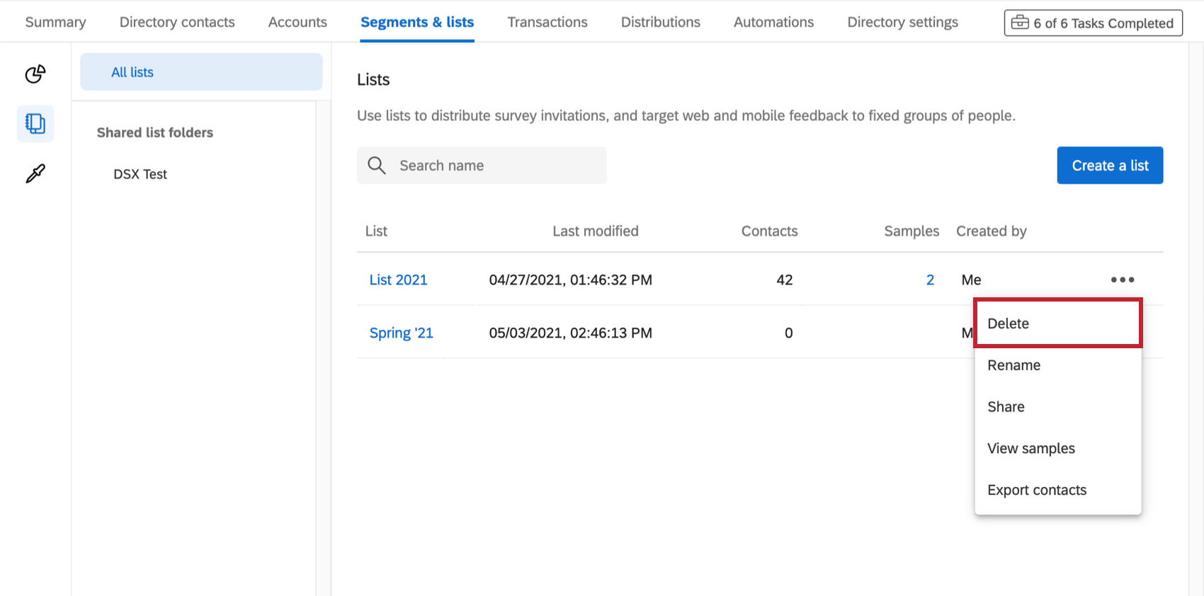 Delete List in the actions dropdown