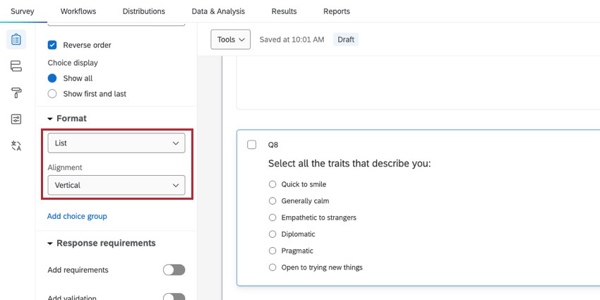 Crear una pregunta de opción múltiple y elegir el formato de lista vertical