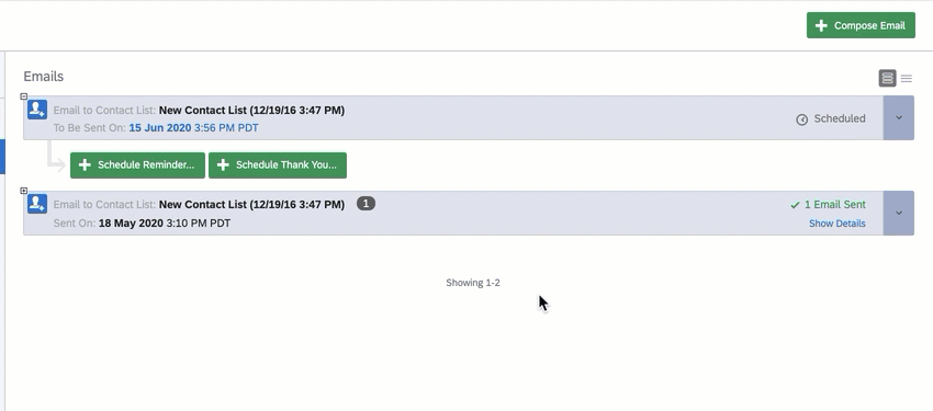 Una gif delle icone hamburger in alto a destra. Facendo clic sulle linee più sottili a destra, le distribuzioni viola scompaiono e vengono sostituite da elenchi di contatti