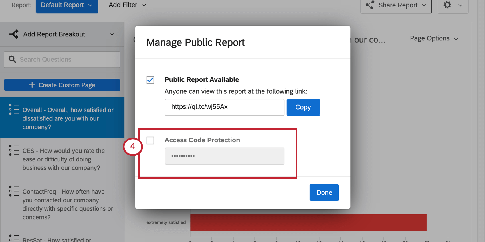 Manage public report window open. Access code option is second in the window