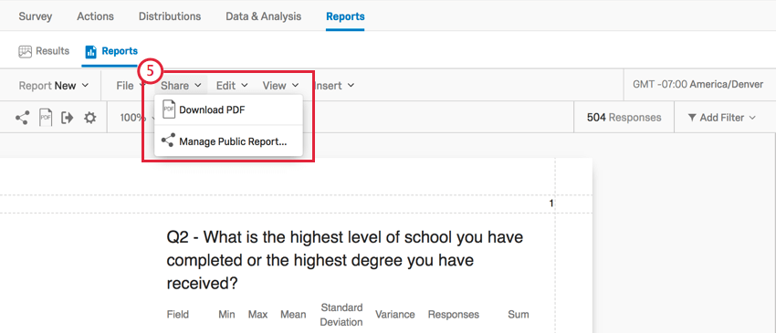 On a reports report, share option in gray toolbar is opened to reveal public report option