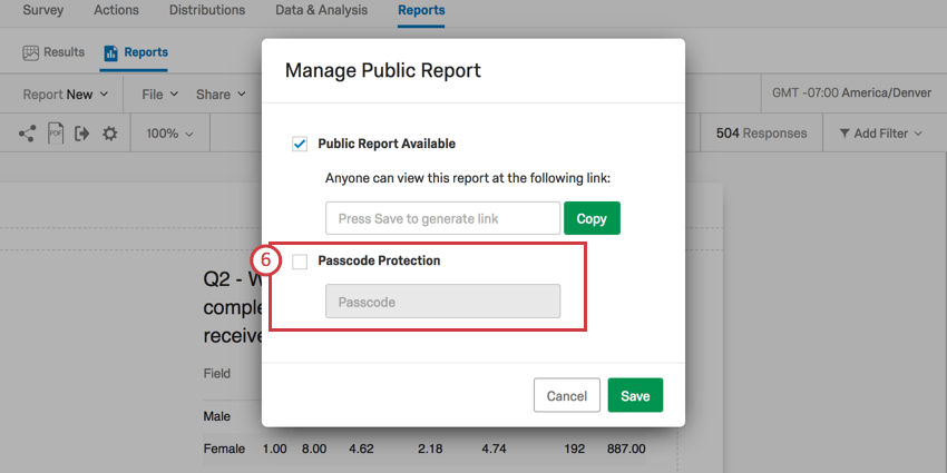 Passcode protection option is second on the manage public report window that has opened