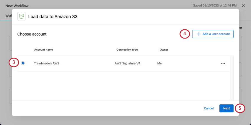 page of window where you choose an account. next button in bottom-right, blue