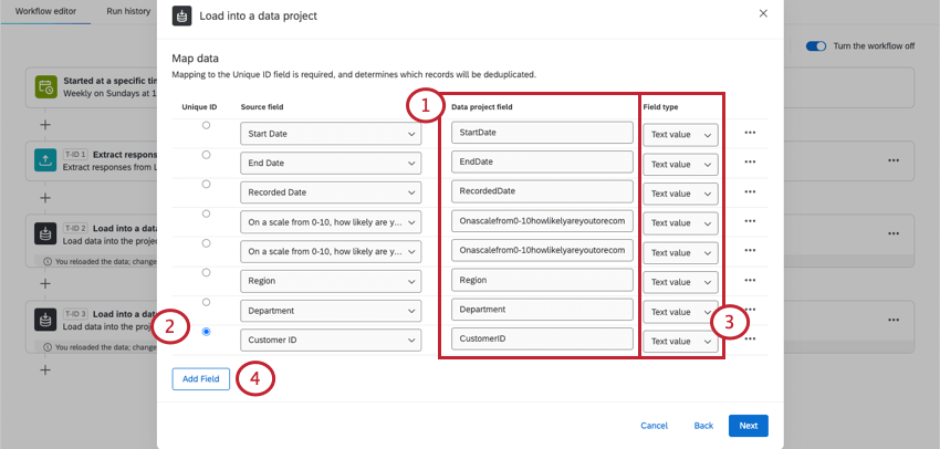 Mapping to a new project lets you change field types, column names, and the unique ID