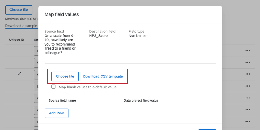 Choose file and download CSV template buttons at the top of a new window that opens