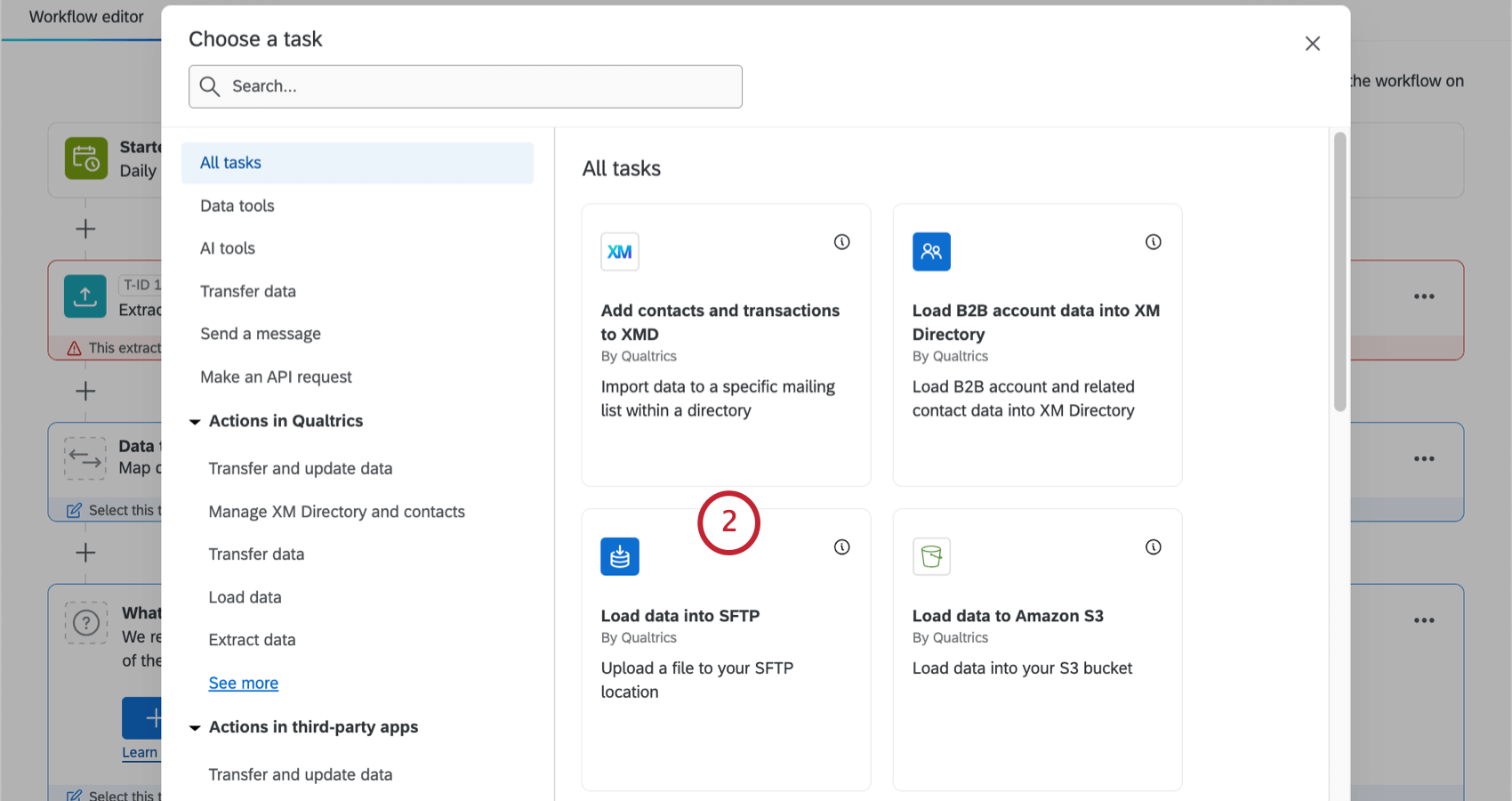 Screenshot des Fensters, das sich beim Hinzufügen einer Aufgabe öffnet und die Aufgabe "Daten in Sftp laden" anzeigt