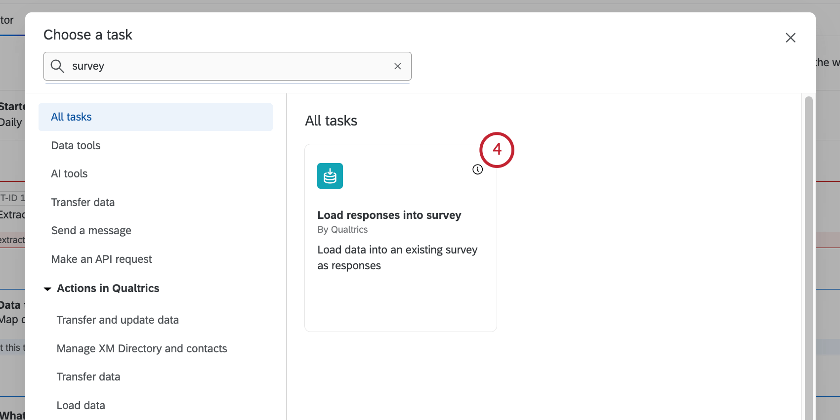 new window where you can select tasks, load responses to survey is highlighted