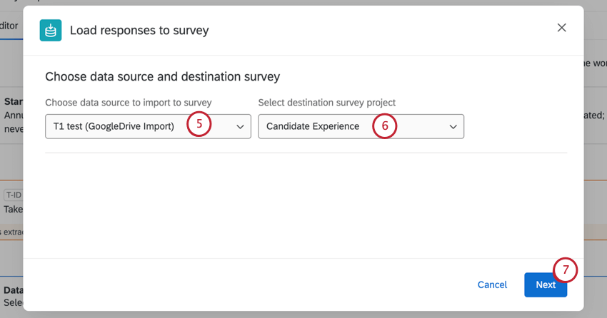 Window where task is configured, data source and destination project selected