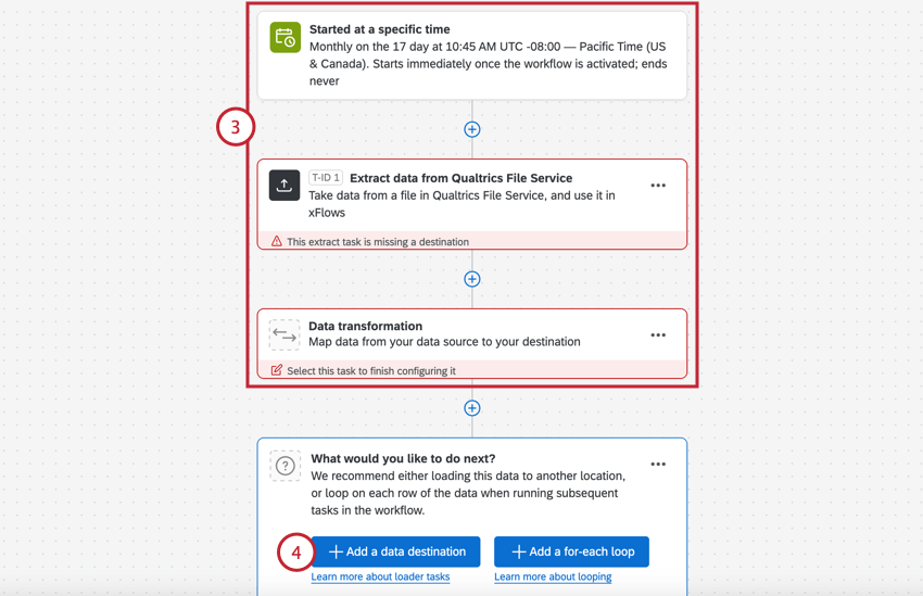 adding the extractor task for the etl workflow then adding a destination