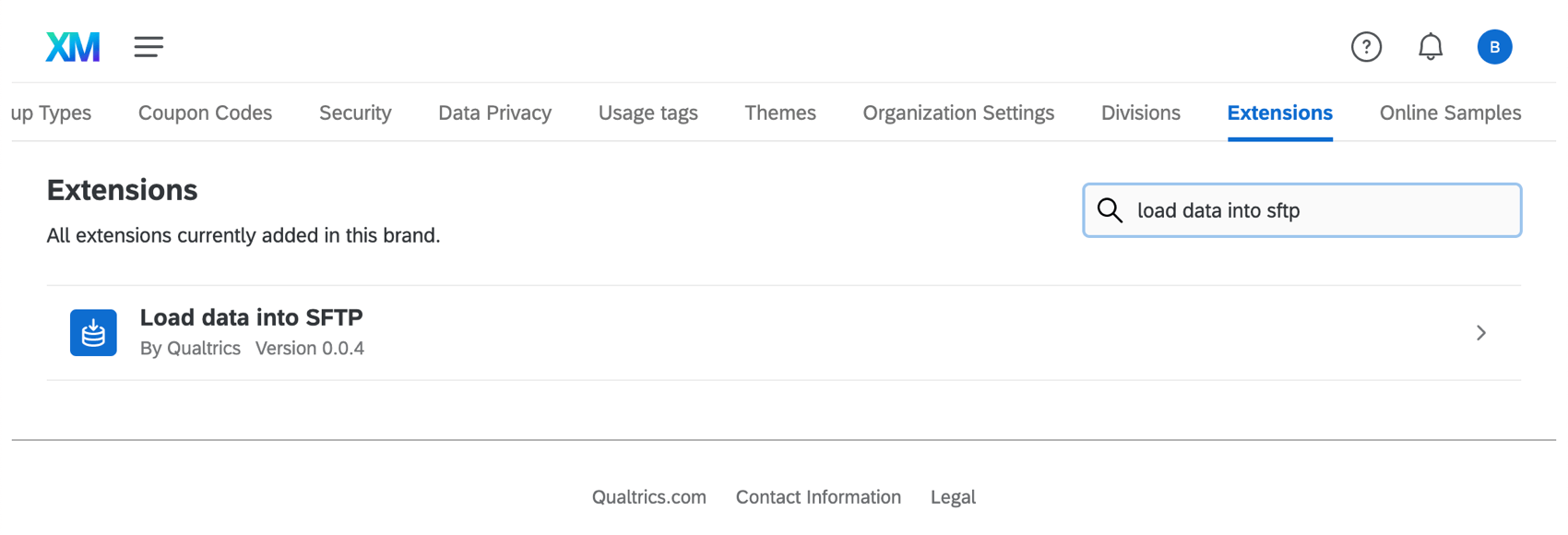 Image de longlet "extensions" de la page dadministration, avec le chargement des données dans le Sftp recherché