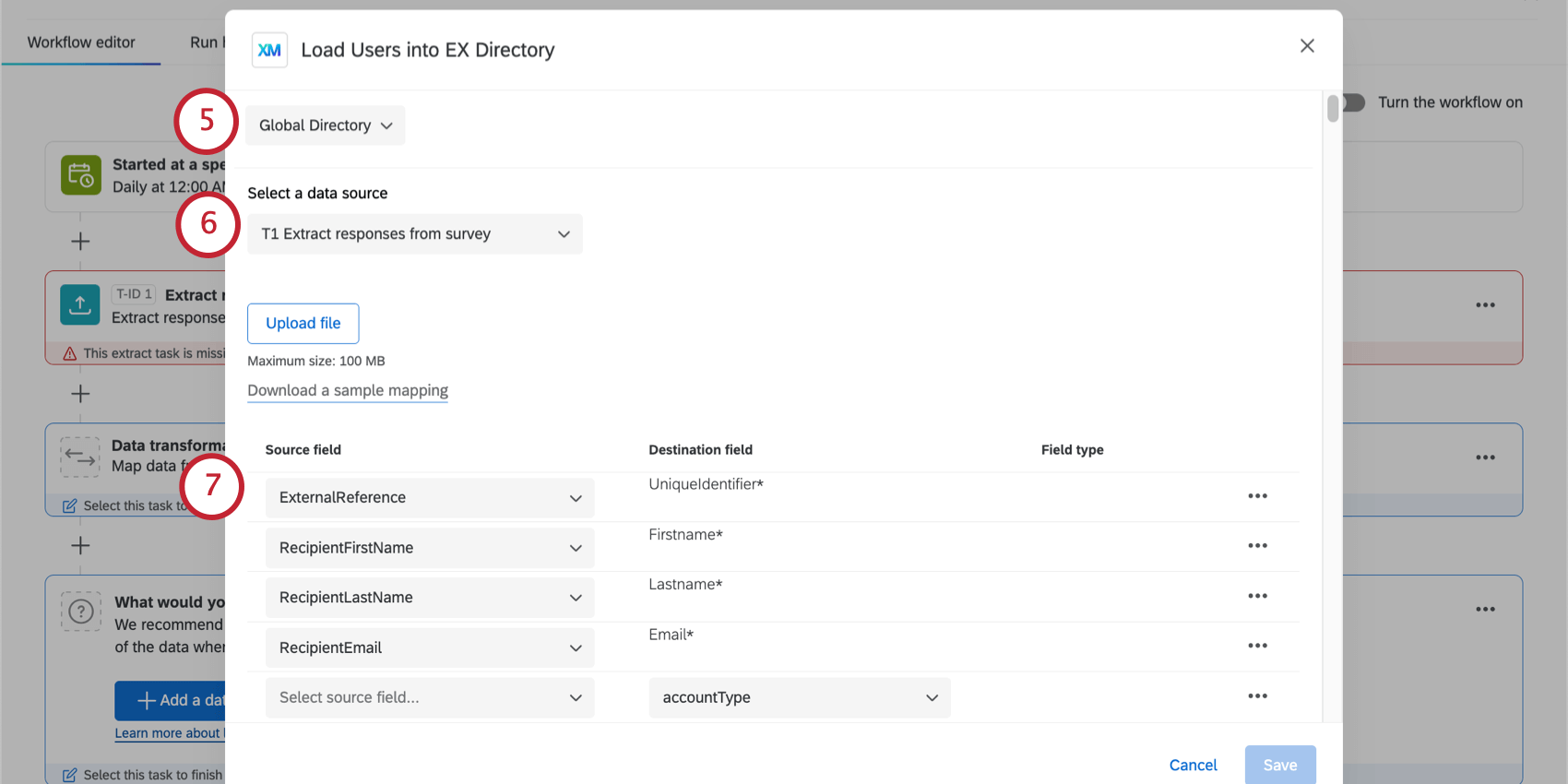 choosing the directory, the data source, and beginning to map fields