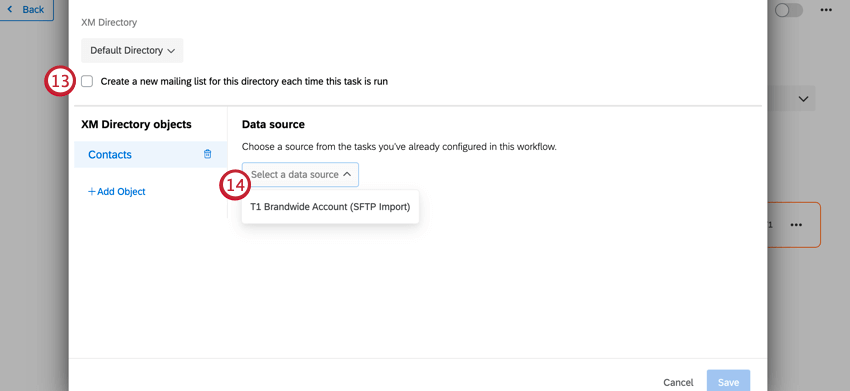 メーリングリストオプションを有効にし、データソースを選択する。