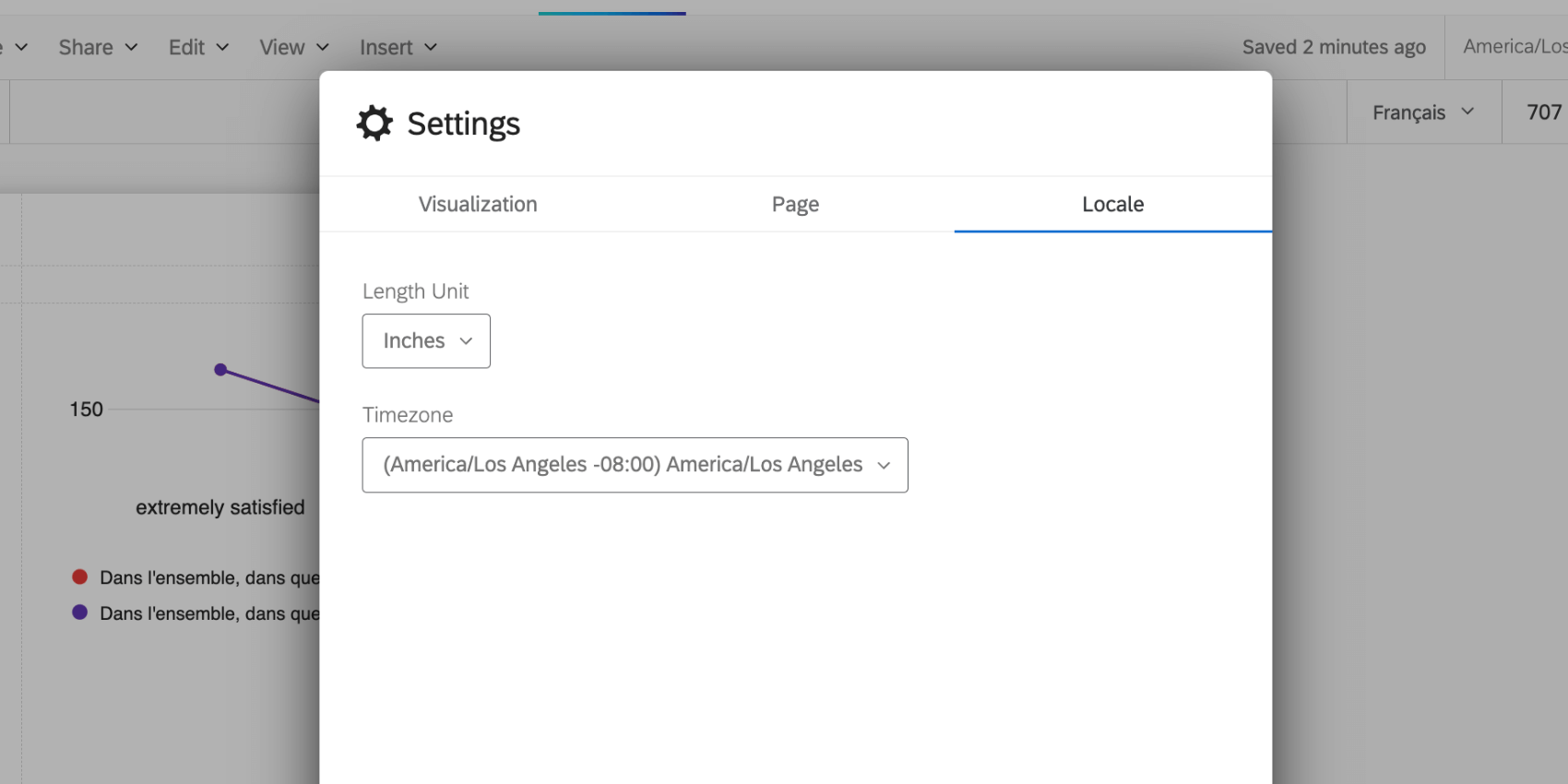 Onglet "Locale" dans les paramètres du rapport denquête