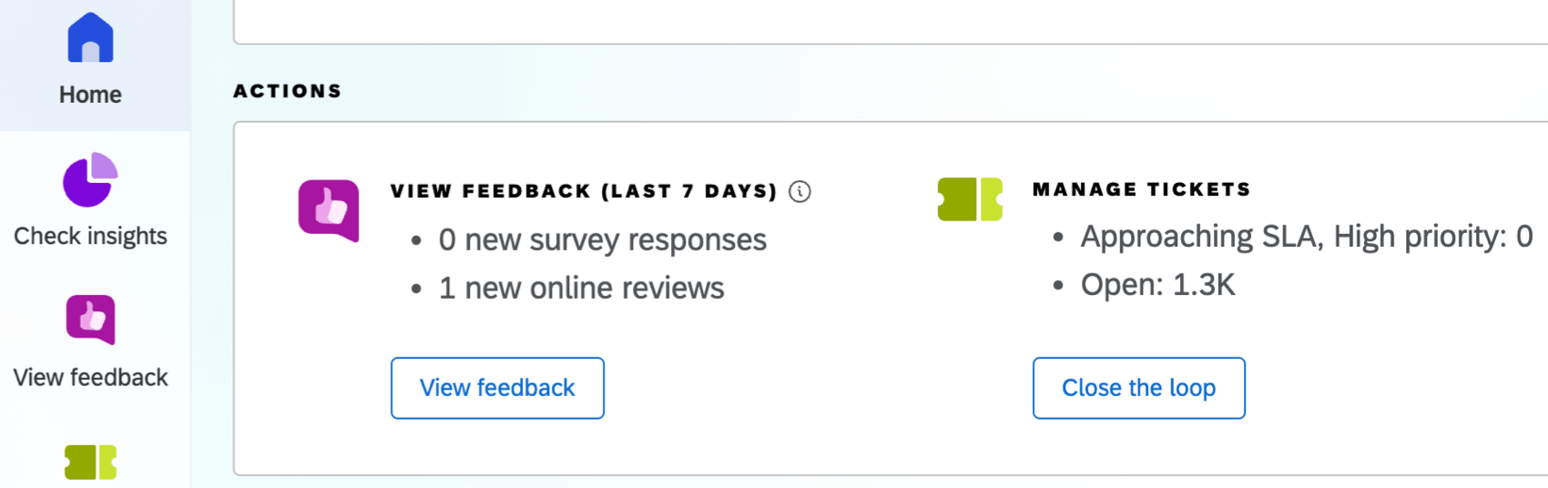 actions card within the home tab