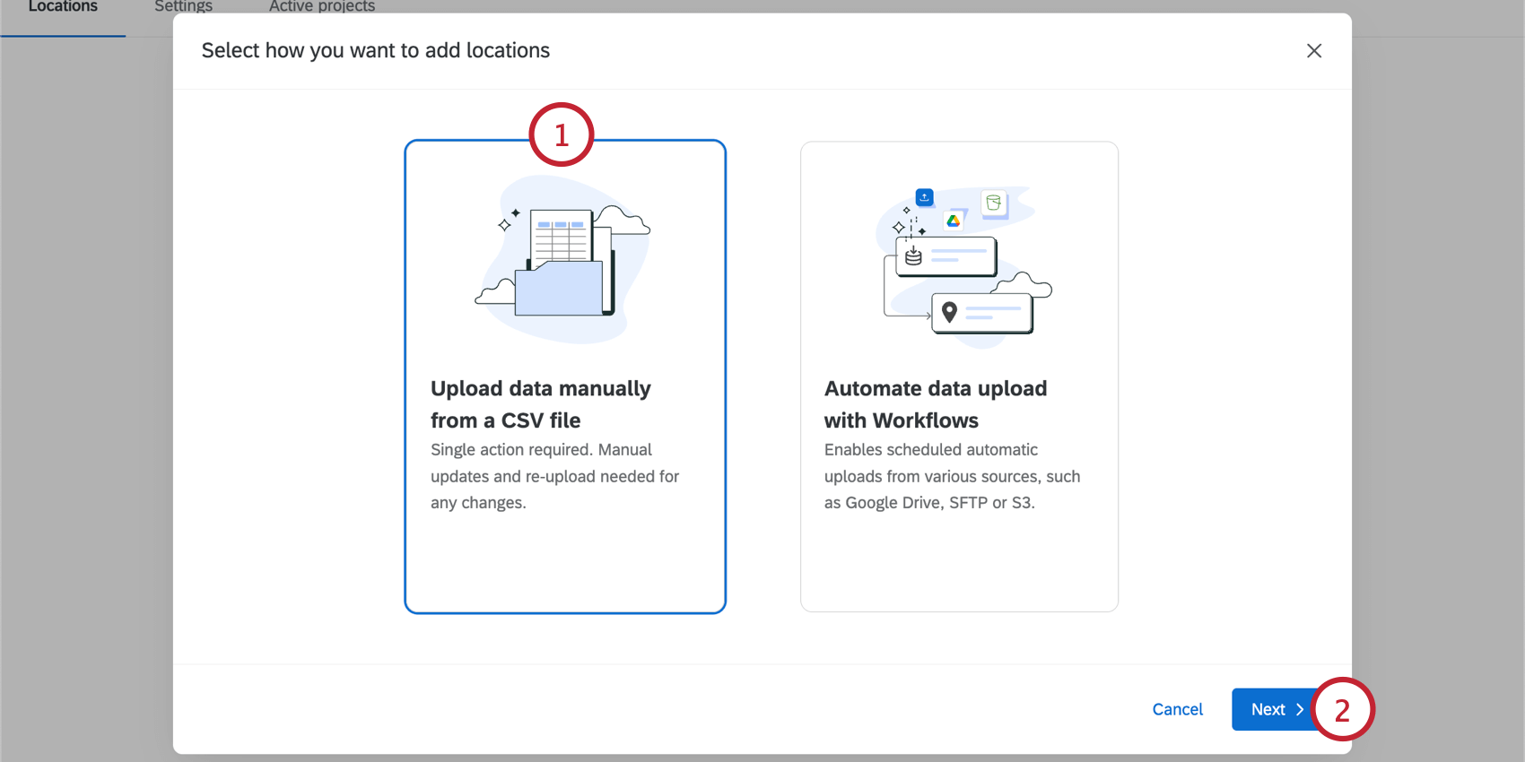 selecionando a opção upload csv