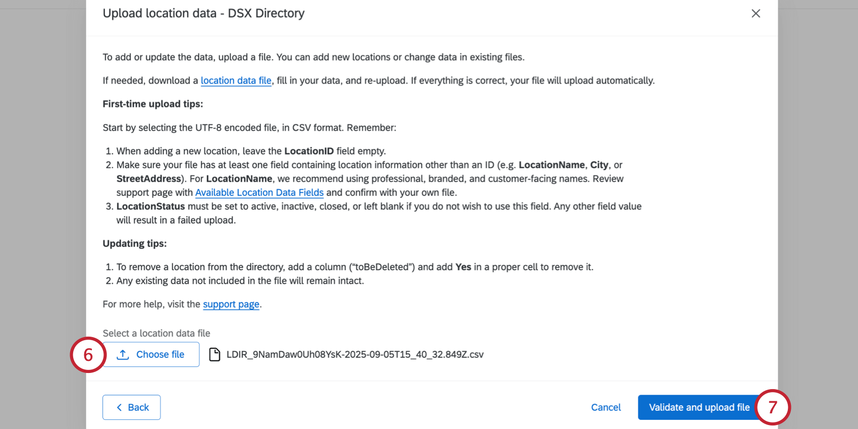 ファイルを選択し、LOCATIONSファイルをアップロードします。