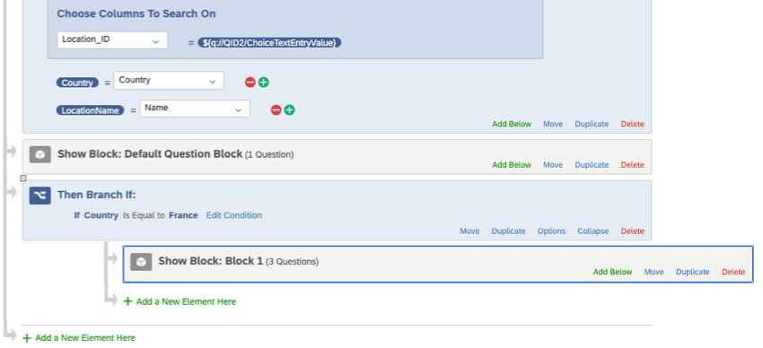 Survey flow configured as described, with the supplemental data coming first, then a block, then a branch leading to another block