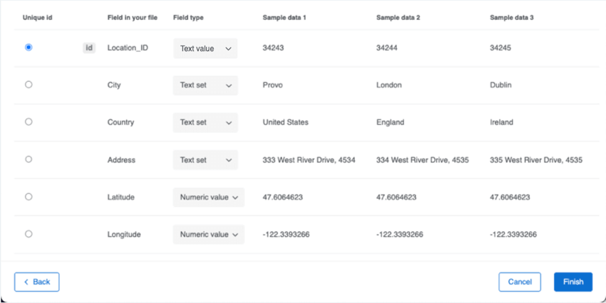 インポートされたデータプロジェクト作成時に、フィールドをプレビューし、タイプを設定するステップで、一意のIDを設定するオプションがあります。