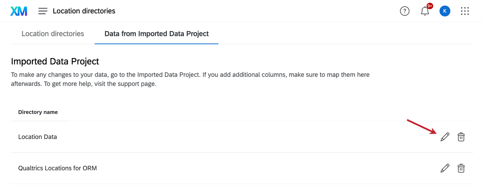 Icono de lápiz siguiente a un directorio de proyecto de datos importados