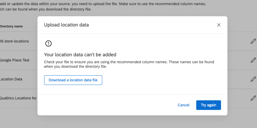 Die Fehlermeldung besagt, dass Ihre Standortdaten nicht hinzugefügt werden können. Bietet Ihnen die Möglichkeit, eine neue Stichprobe herunterzuladen
