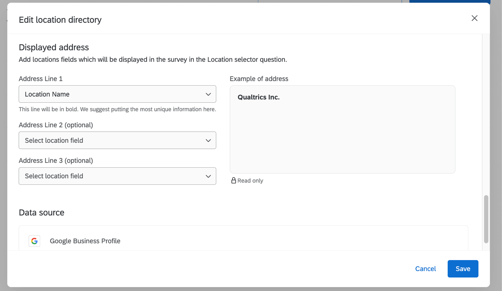 Janela onde você configura os detalhes de exibição do endereço