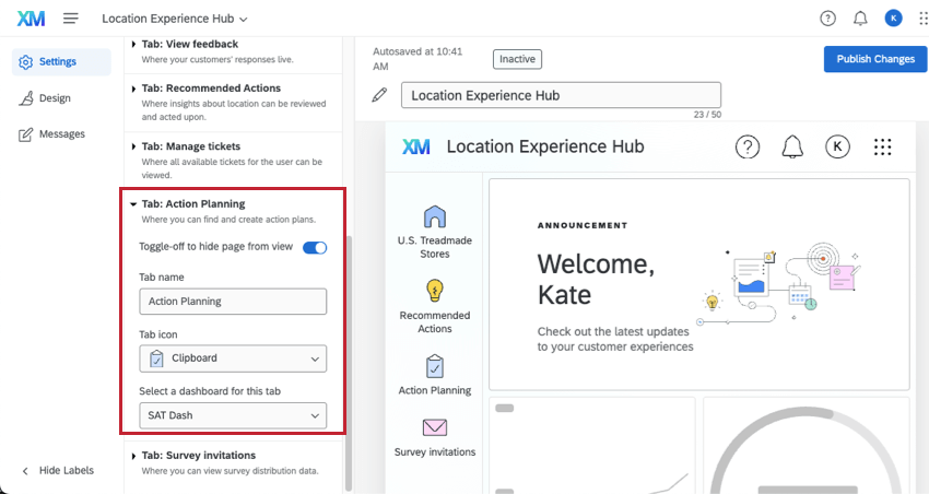 action planning tab within location experience hub settings