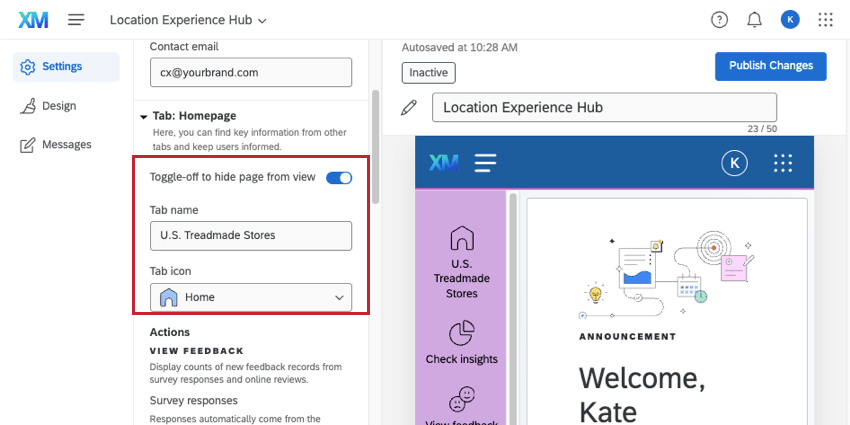 modification de lemplacement du hub dexpérience. La page daccueil de longlet sagrandit, affichant les options de dénomination et licône de longlet