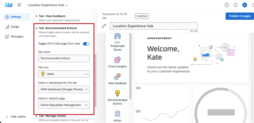 selecionar um dashboard para visualizar na guia de ações recomendadas