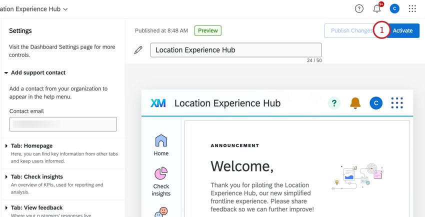 clicking "activate" in the location experience hub